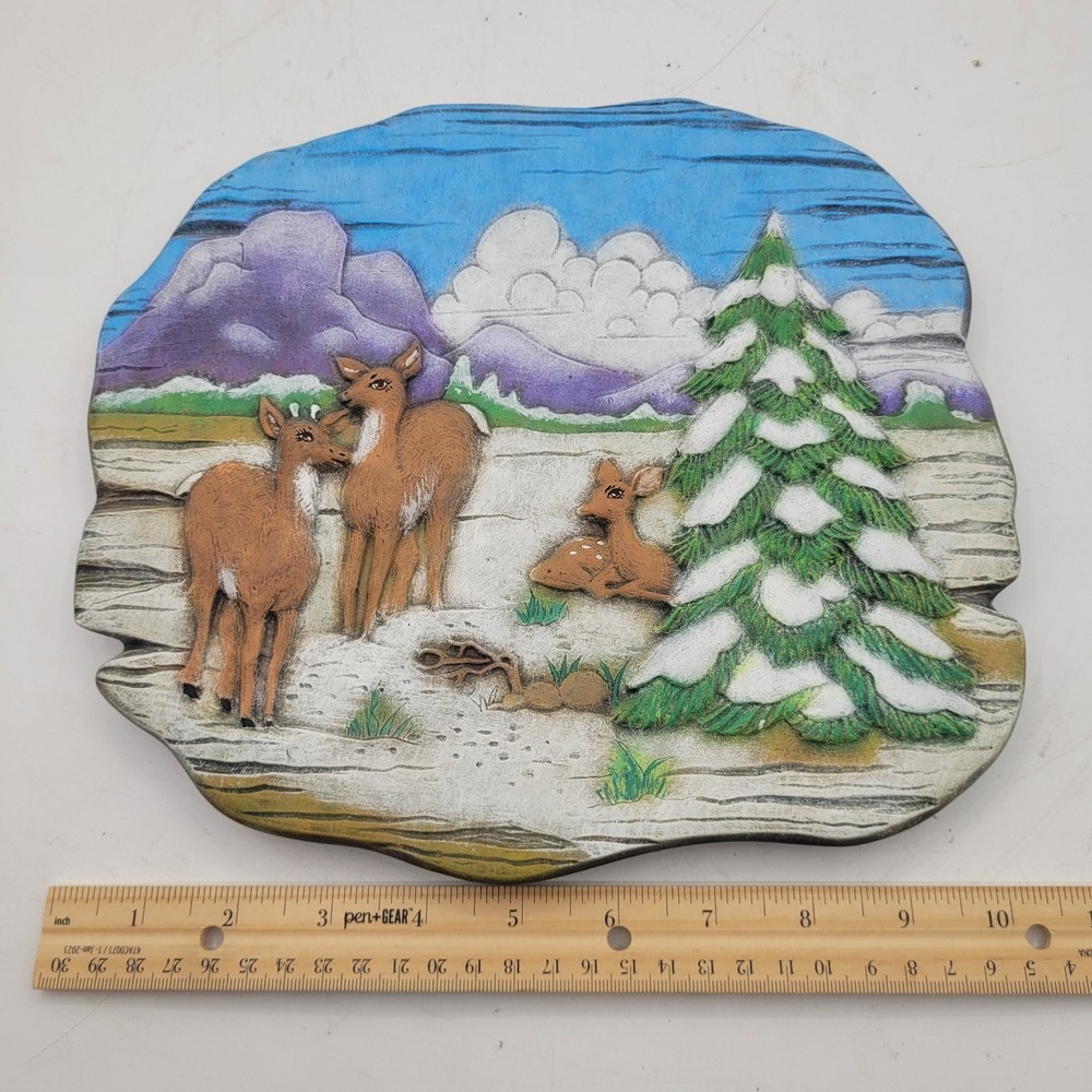Vintage Macky Molds Hand Painted Ceramic Wall Art Wildlife Deer Tree Scene 1980